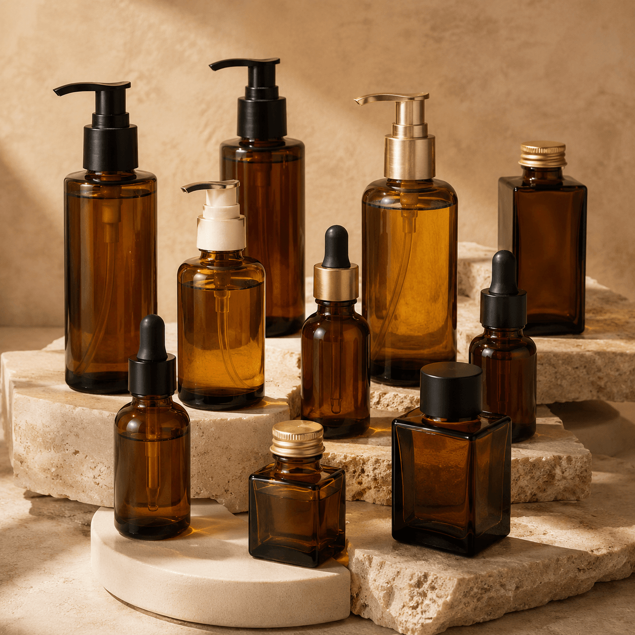 Amber glass cosmetic bottles for skincare, beauty and personal-care packaging in Libya