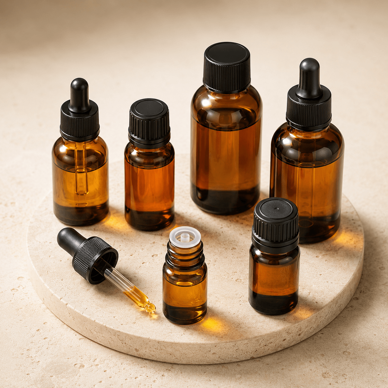 Amber glass essential oil bottles with caps and dropper closure options in Libya
