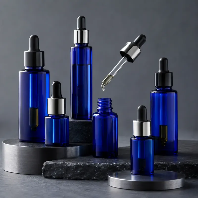 Blue glass dropper bottles for essential oils, serums and light-sensitive liquids in Austria