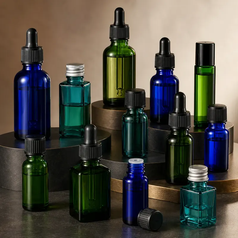 Blue & Green Oil Bottles for Namibia Blue and green glass bottles for essential oils, aromatherapy blends and liquid extracts in Namibia