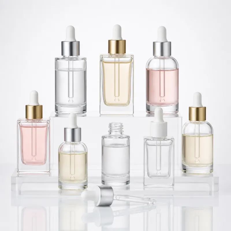 Clear glass serum bottles with pipette droppers for cosmetic and skincare products in Libya