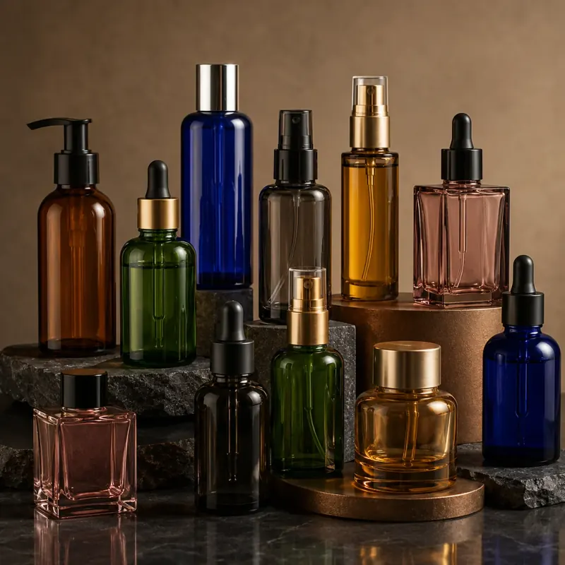 Colored Cosmetic Bottles for Libya Colored glass cosmetic bottles in different shapes for skincare and beauty products in Libya