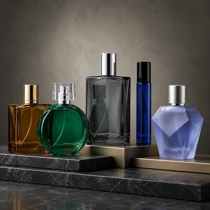 Colored glass perfume bottles with decorative finishes for fragrance packaging in Libya