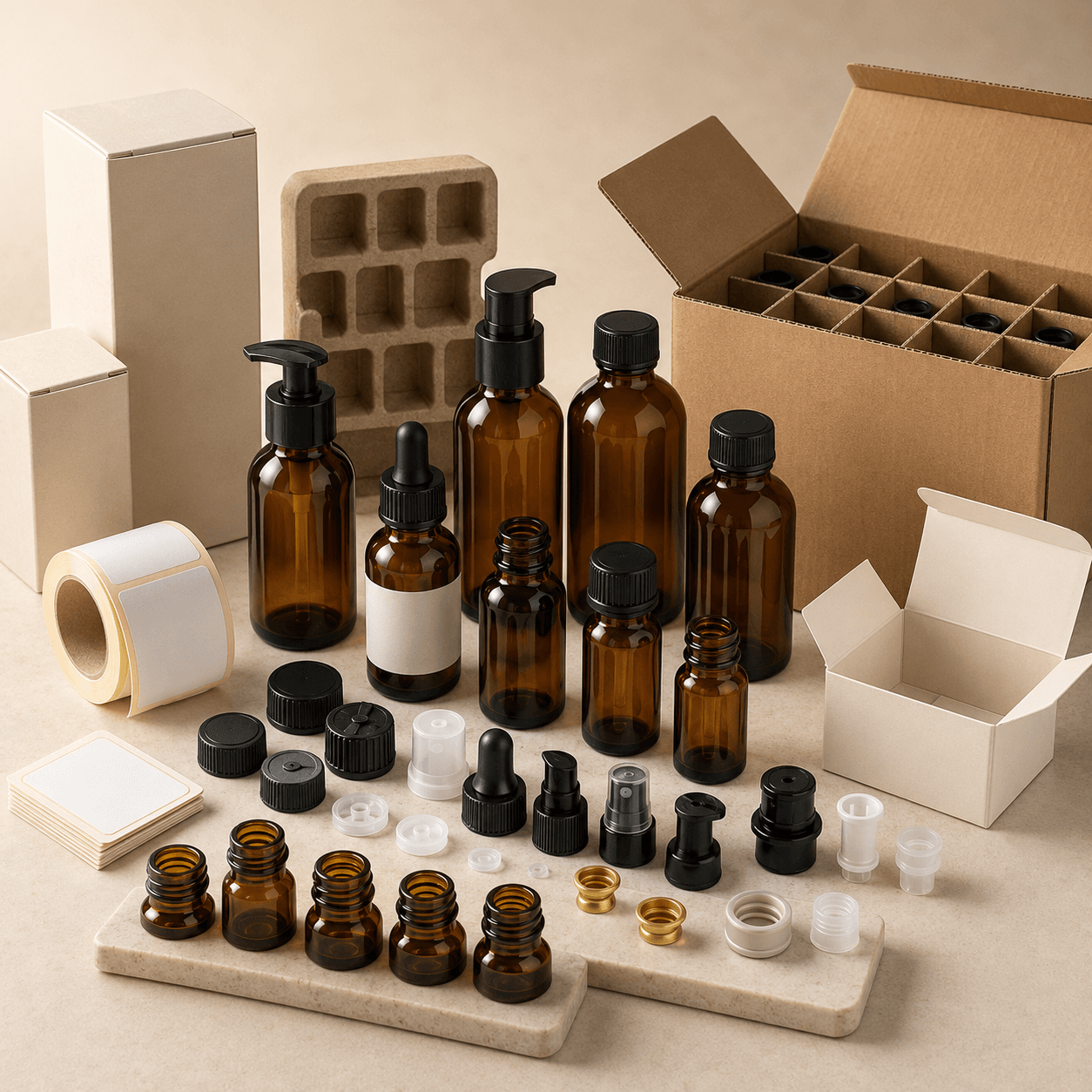 Custom amber glass bottles with multiple shapes, sizes and closure options for buyers in Libya
