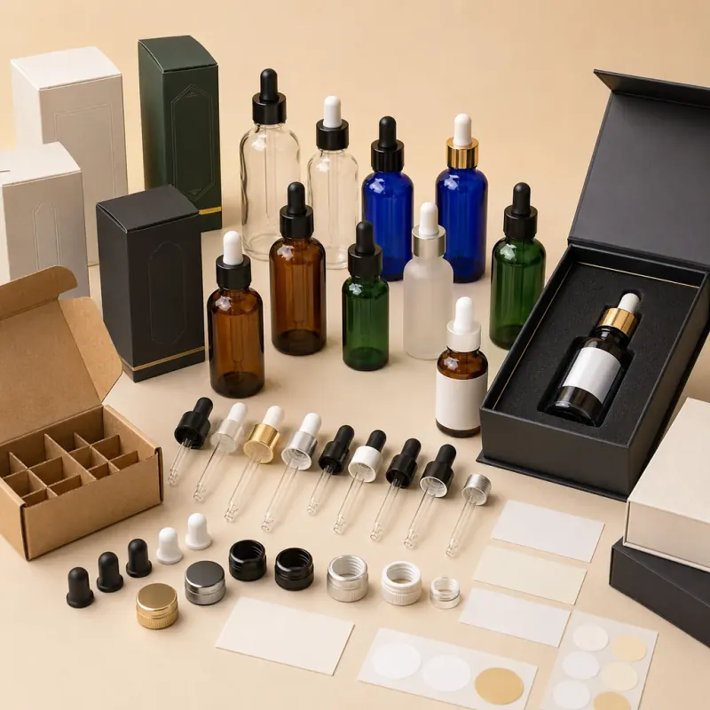 Custom glass dropper bottle packaging with branded boxes, labels and protective inserts for buyers in Austria