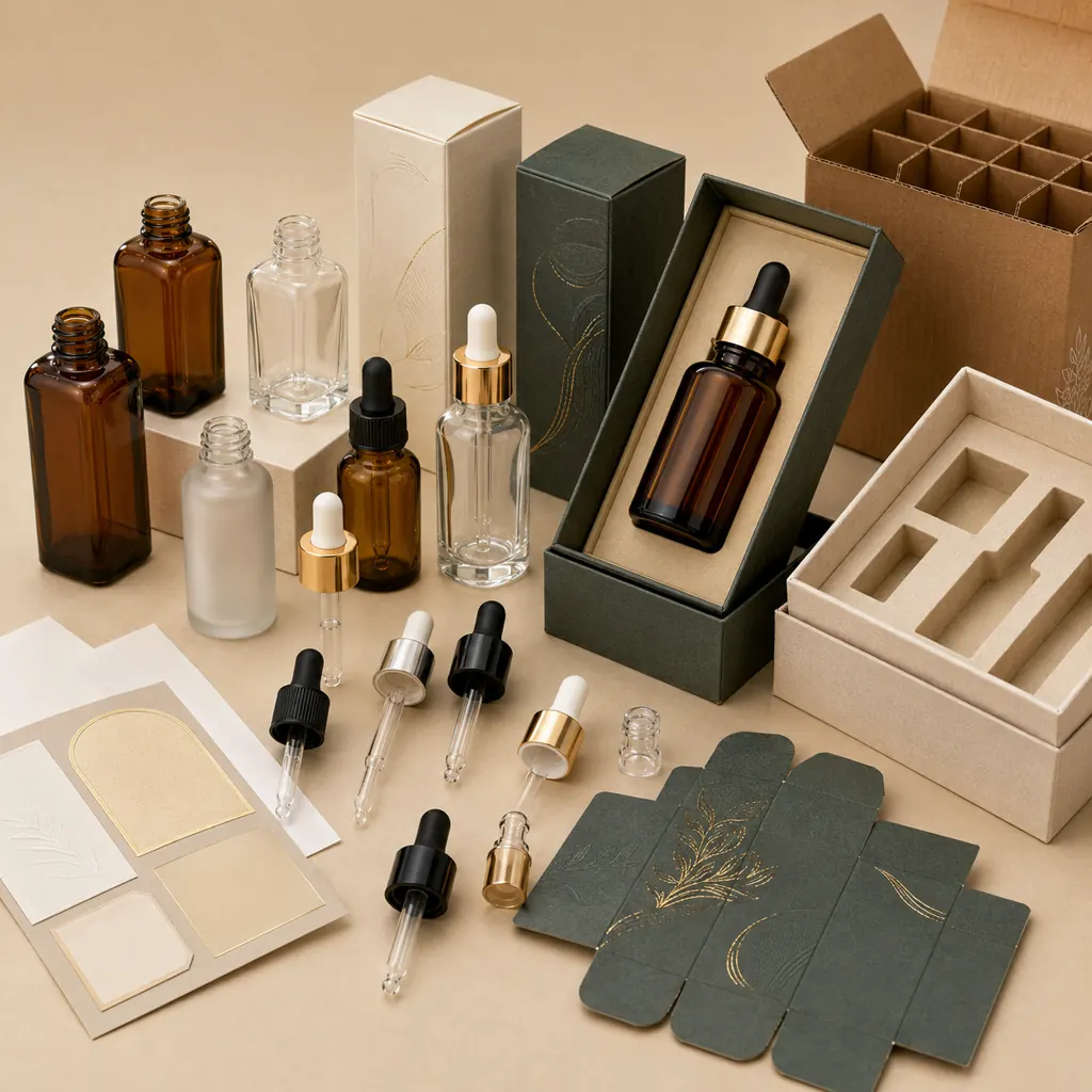 Custom serum bottle packaging with droppers caps branded boxes and protective inserts for buyers in Libya
