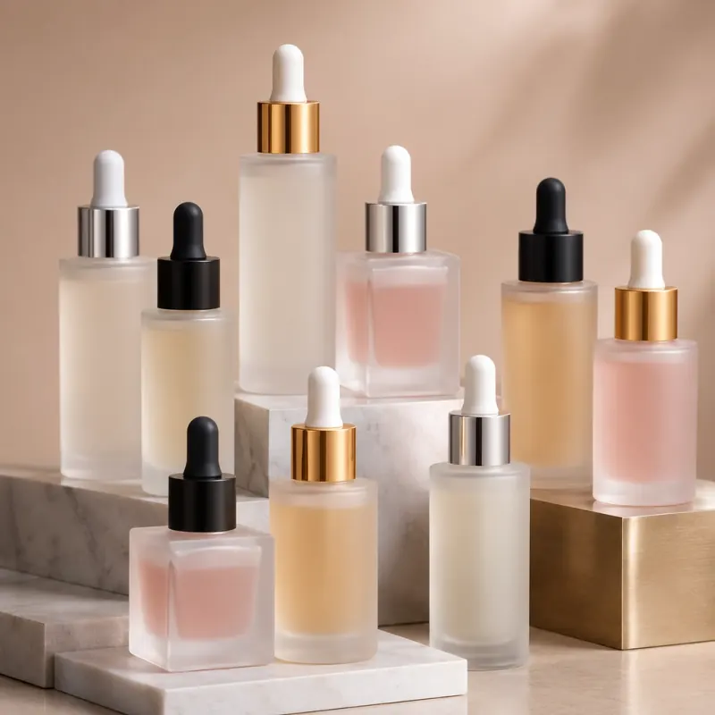 Frosted glass serum bottles with premium droppers for luxury skincare packaging in Libya