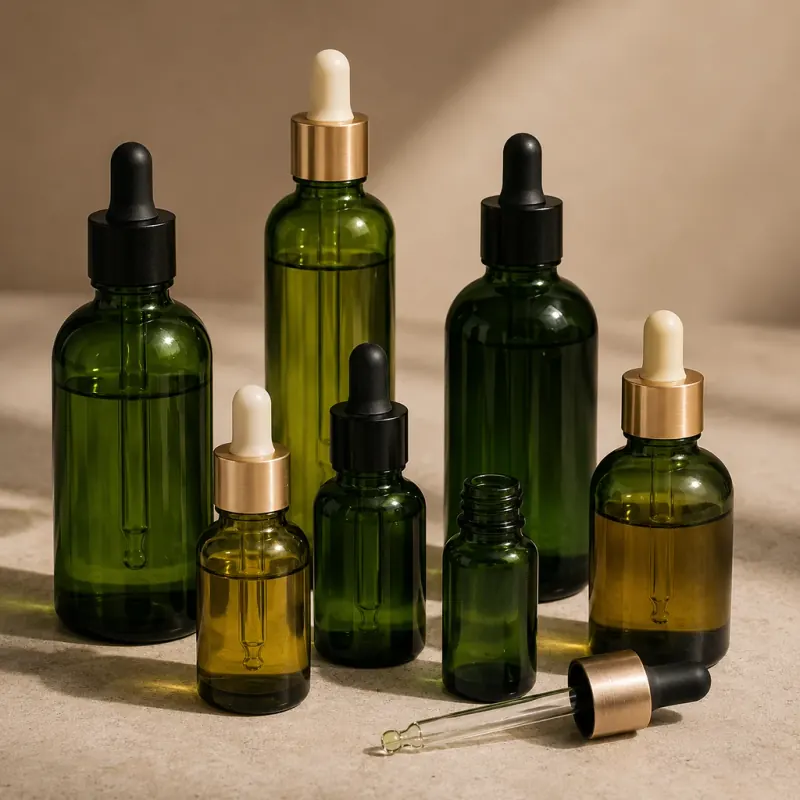 Green glass dropper bottles with pipette caps for oils, extracts and cosmetic liquids in Austria