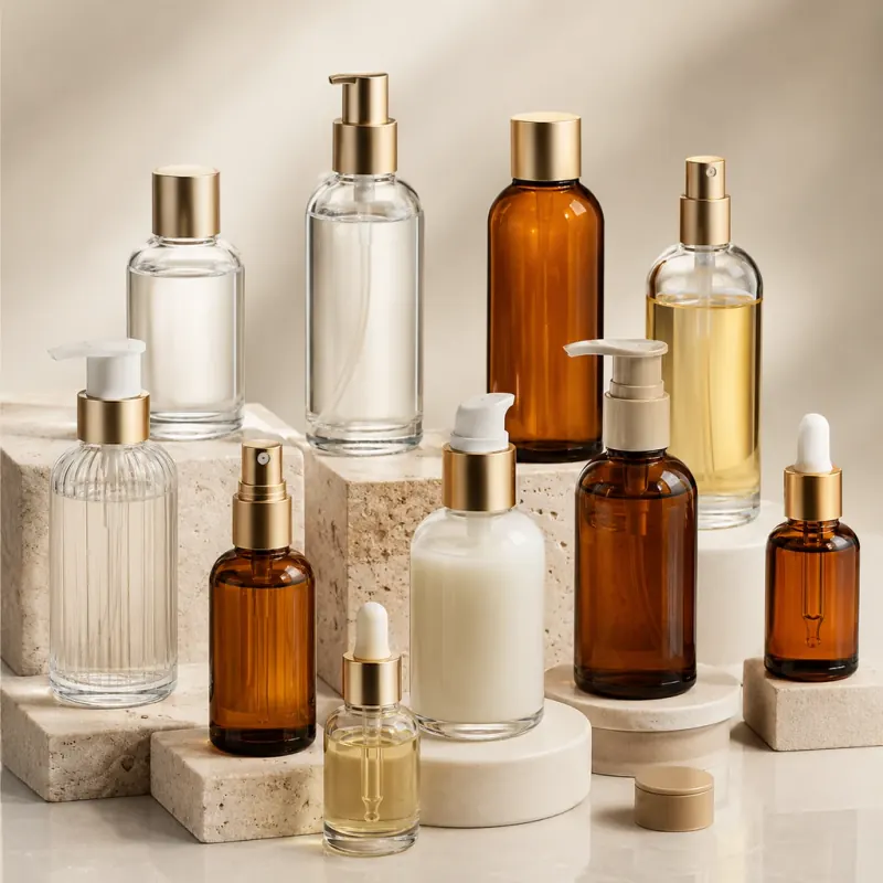 Skincare Glass Bottles for Libya Glass skincare bottles in assorted shapes with pumps, droppers and cosmetic closures in Libya