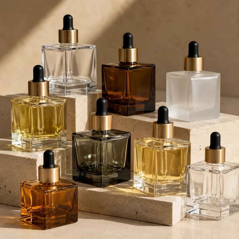 Square glass dropper bottles with pipette caps for cosmetic and skincare packaging in Austria