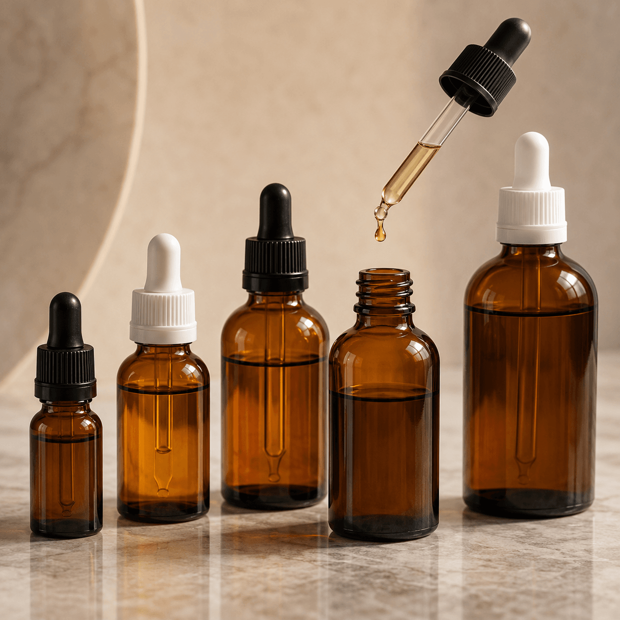 Amber glass dropper bottles with pipette caps for oils, serums and liquid formulations in Libya