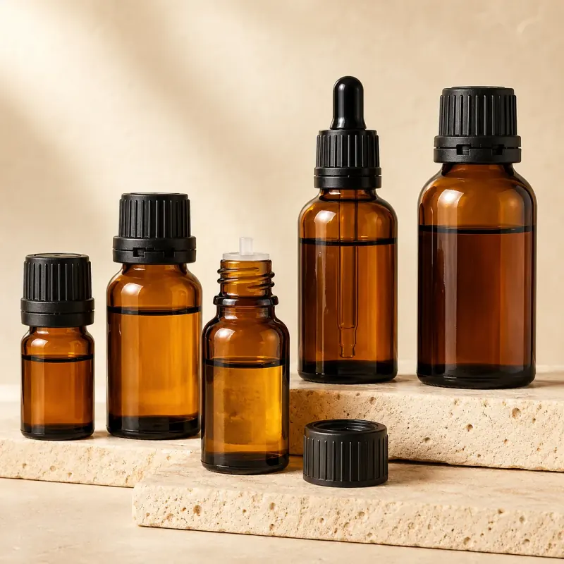 Amber Essential Oil Bottles for Namibia Amber glass essential oil bottles with caps and dropper closure options in Namibia