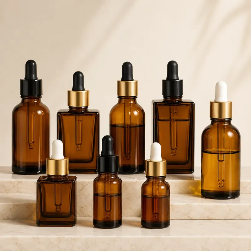 Amber glass serum bottles with dropper closures for light-sensitive skincare formulations in Libya