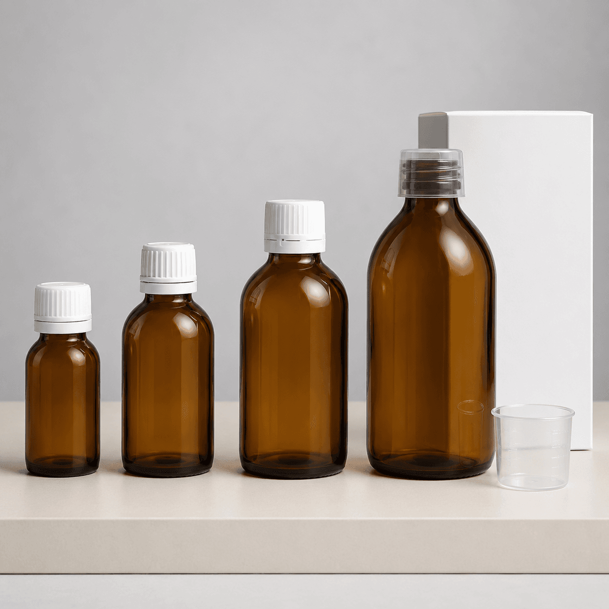 Amber glass syrup bottles in different sizes for pharmaceutical liquid packaging in Libya
