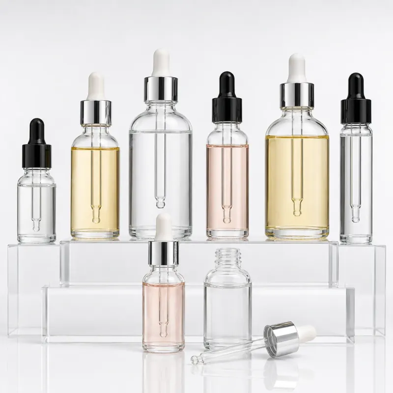 Clear glass dropper bottles with pipette closures for serums, oils and liquid products in Austria