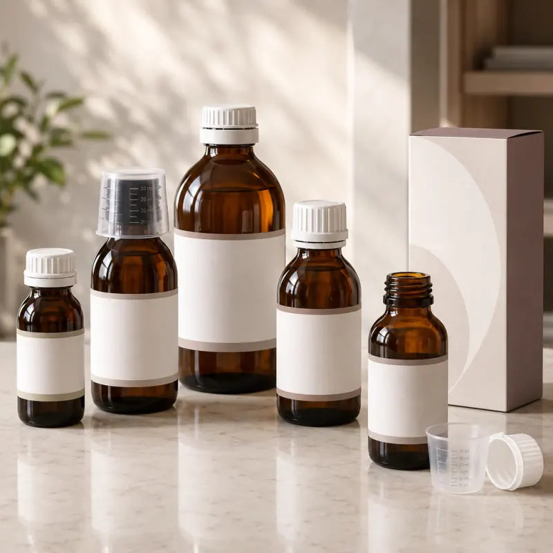 Glass syrup bottles in different sizes for pharmaceutical liquid packaging in Tonga
