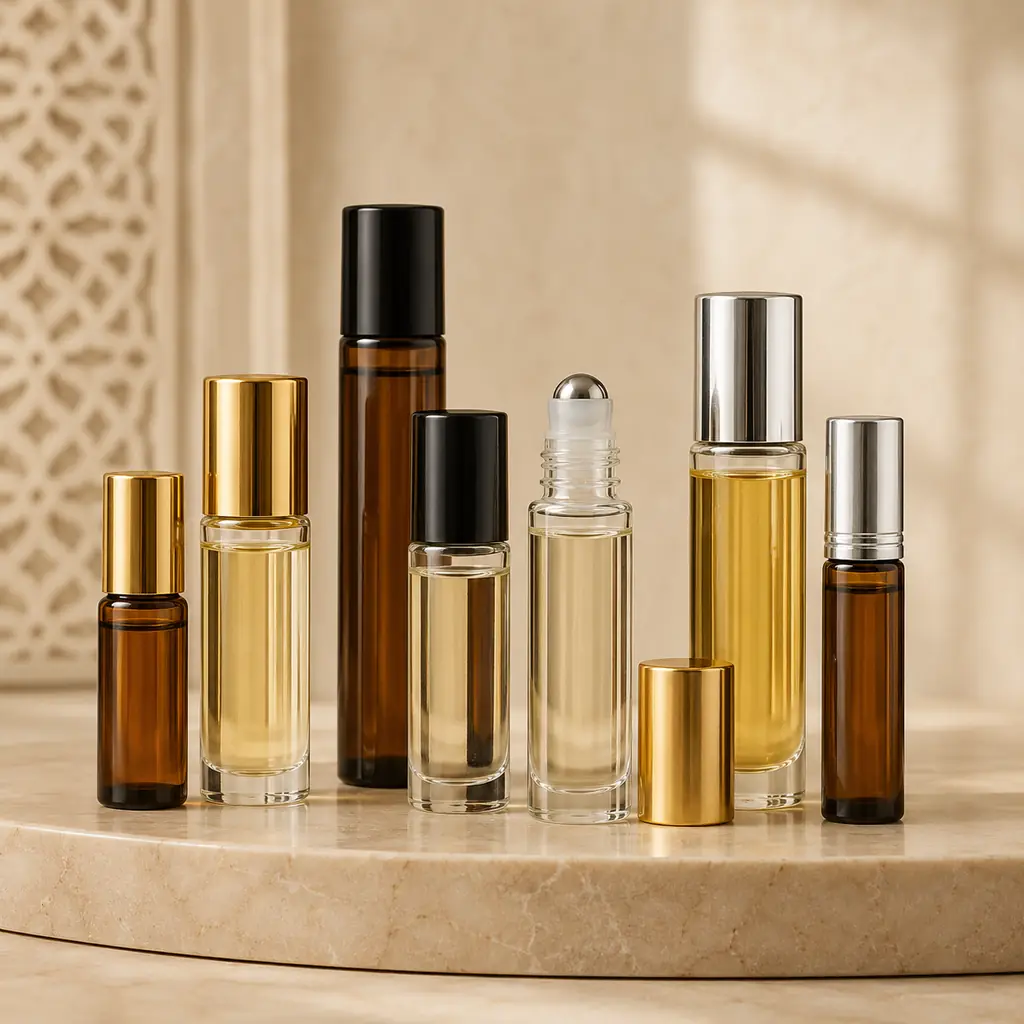 Roll-on attar bottles with glass body and roller applicator for wholesale supply in Algeria